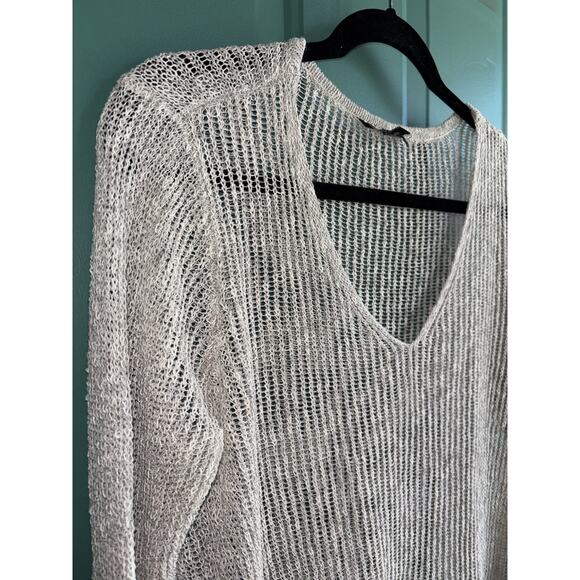 Eileen Fisher medium Linen blend Net Mesh Sweater V-Neck Asymmetrical Sweater - Picture 2 of 7